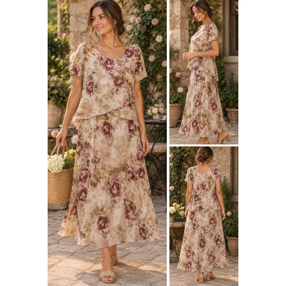 R&M Richards Skirt Set Womens 14P Beige Mauve Floral Rose Romantic Cottagecore